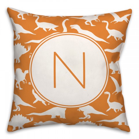 Dinosaur Pattern on Orange and White Initial 18x18 Personalized Spun Poly Pillow
