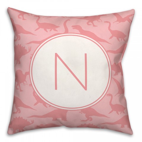 Dinosaur Pattern on Pink and Pink Initial 18x18 Personalized Spun Poly Pillow