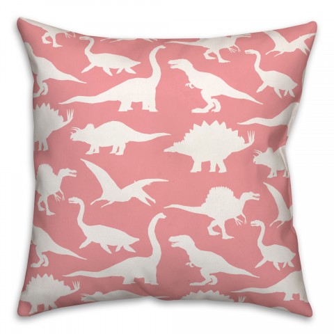 Dinosaur Pattern on Pink and White 18x18 Spun Poly Pillow