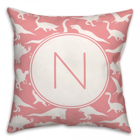Dinosaur Pattern on Pink and White Initial 18x18 Personalized Spun Poly Pillow