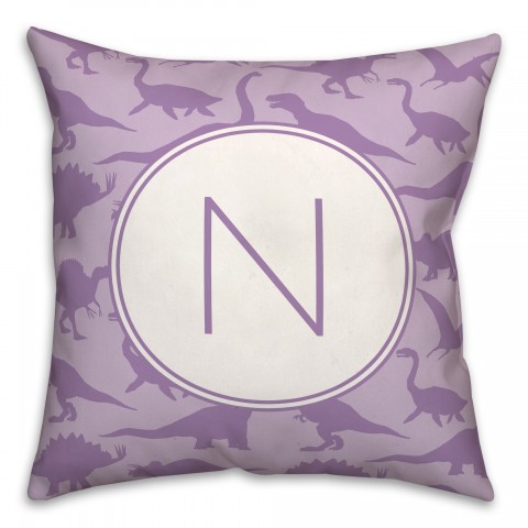 Dinosaur Pattern on Purple and Purple Initial 18x18 Personalized Spun Poly Pillow