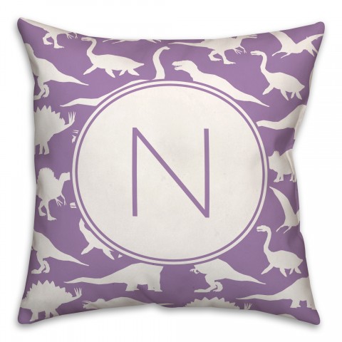 Dinosaur Pattern on Purple and White Initial 18x18 Personalized Spun Poly Pillow