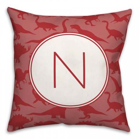 Dinosaur Pattern on Red and Red Initial 18x18 Personalized Spun Poly Pillow