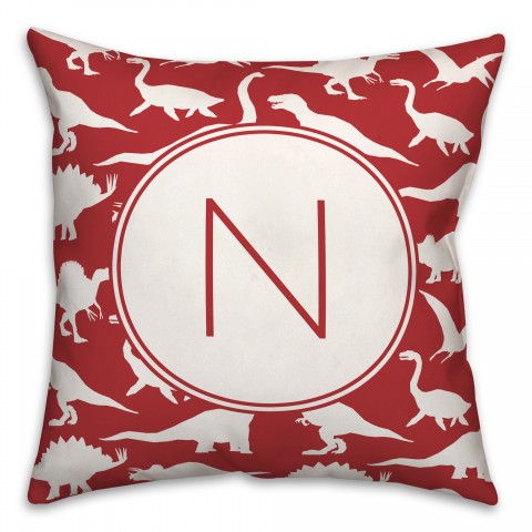 Dinosaur Pattern on Red and White Initial 18x18 Personalized Spun Poly Pillow
