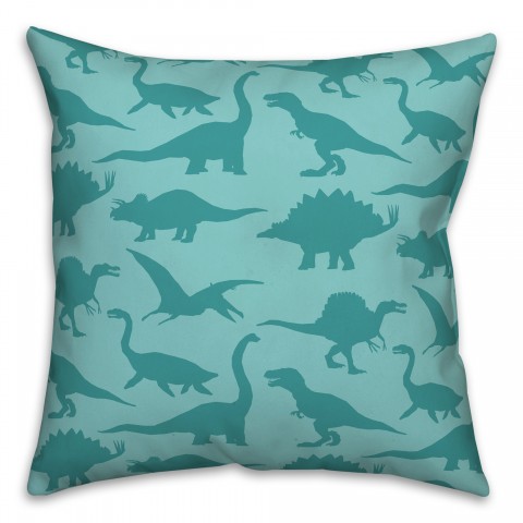 Dinosaur Pattern on Teal and Teal 18x18 Spun Poly Pillow