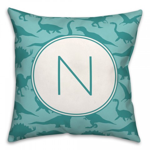 Dinosaur Pattern on Teal and Teal Initial 18x18 Personalized Spun Poly Pillow