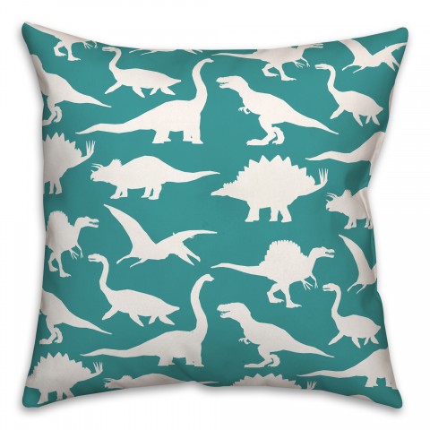 Dinosaur Pattern on Teal and White 18x18 Spun Poly Pillow