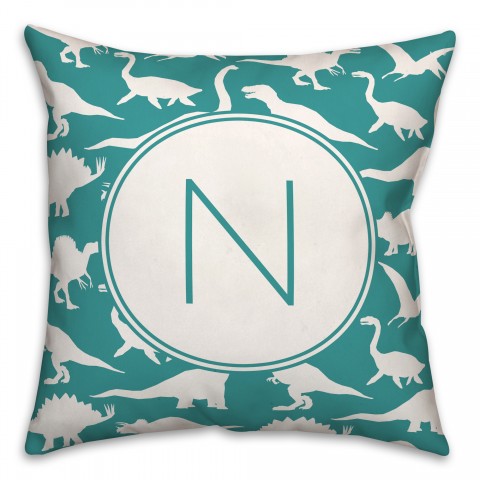 Dinosaur Pattern on Teal and White Initial 18x18 Personalized Spun Poly Pillow