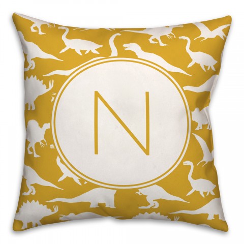 Dinosaur Pattern on Yellow and White Initial 18x18 Personalized Spun Poly Pillow
