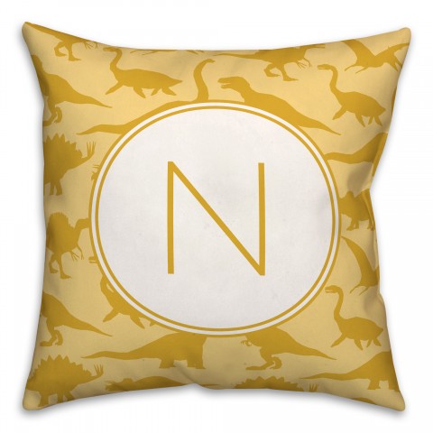 Dinosaur Pattern on Yellow and Yellow Initial 18x18 Personalized Spun Poly Pillow