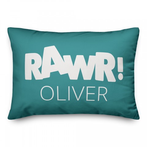 Rawr Teal and White Dinosaur 14x20 Personalized Spun Poly Pillow