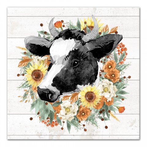 Autumn Wreath Cow 16x16 Canvas Wall Art