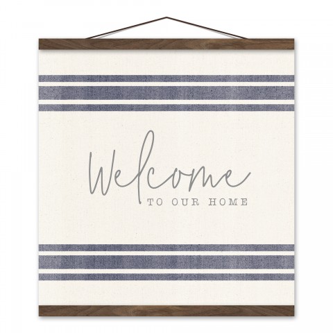 Welcome Linen Stripes 16x16 Teak Hanging Canvas