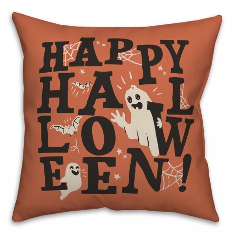 Happy Halloween Orange with Retro Ghosts 18x18 Spun Poly Pillow