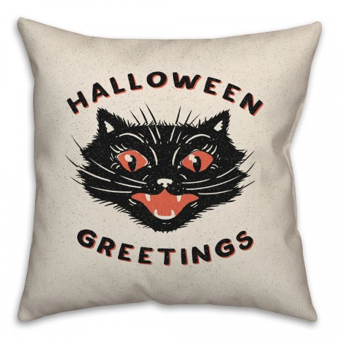 Retro Black Cat Halloween Greetings 18x18 Spun Poly Pillow