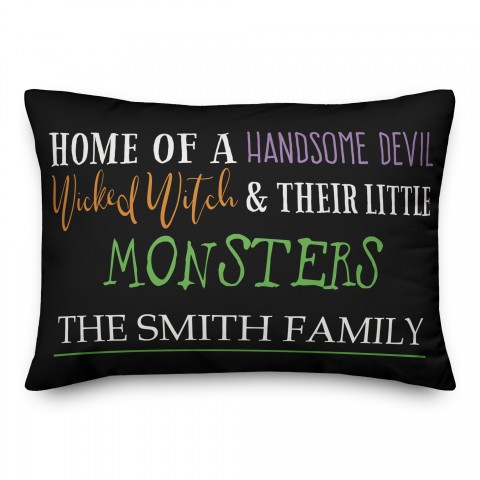 Home of a Devil Witch and Monster Family Name 14x20 Personalized Spun Poly Pillow