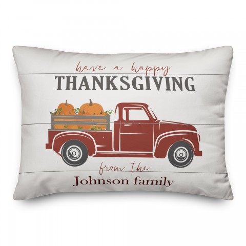 Happy Thanksgiving Pumpkin Truck Family Name 14x20 Personalized Spun Poly Pillow