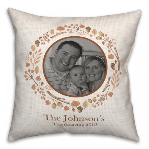 Fall Acorn Wreath Family Name and Photo 18x18 Personalized Spun Poly Pillow