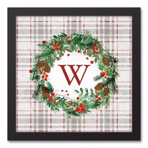 Holiday Gray Plaid Monogram Wreath W 12x12 Black Framed Canvas