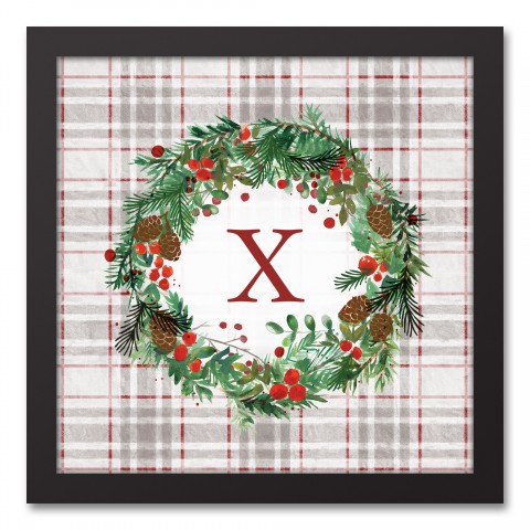 Holiday Gray Plaid Monogram Wreath X 12x12 Black Framed Canvas