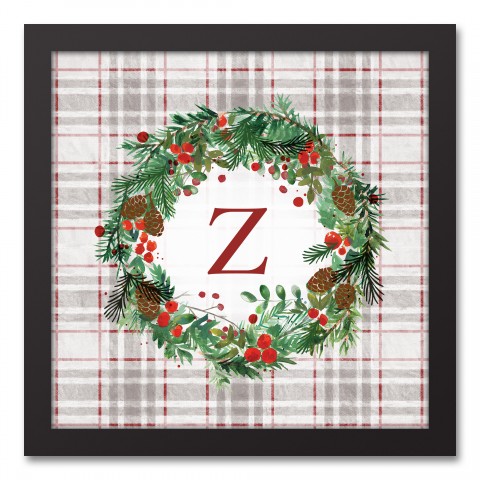 Holiday Gray Plaid Monogram Wreath Z 12x12 Black Framed Canvas