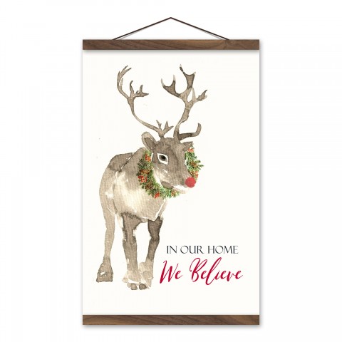 Believe Reindeer 12x18 Teak Hanging Canvas