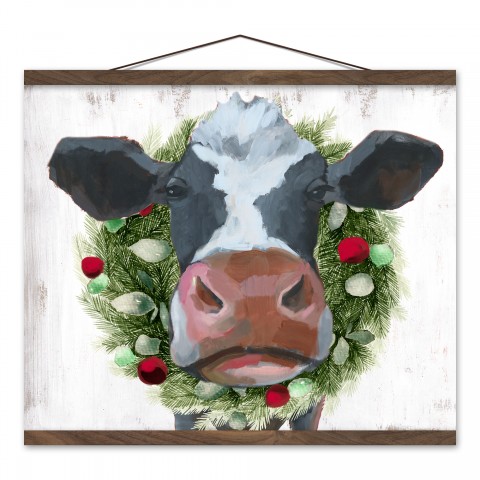Christmas Cow Wreath 20x16 Teak Hanging Canvas