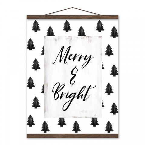 Merry Bright Black White 16x20 Teak Hanging Canvas
