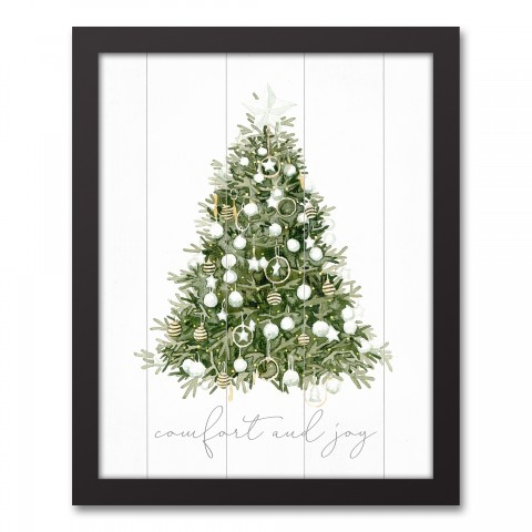 Comfort and Joy Watercolor Christmas Tree 11x14 Black Framed Canvas