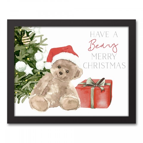 Watercolor Beary Merry Christmas 11x14 Black Framed Canvas