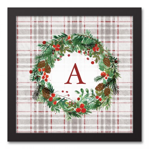 Holiday Gray Plaid Monogram Wreath A 12x12 Black Framed Canvas