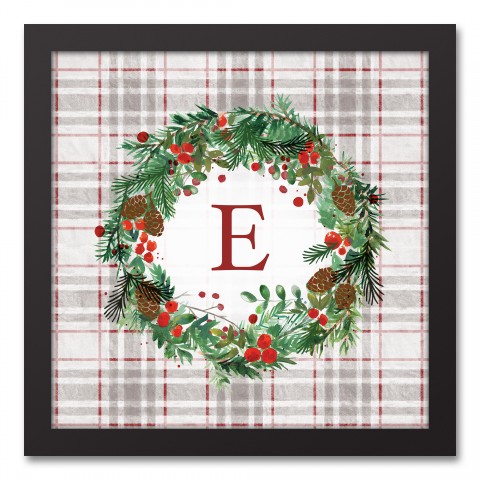 Holiday Gray Plaid Monogram Wreath E 12x12 Black Framed Canvas