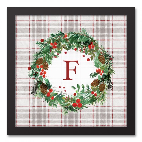 Holiday Gray Plaid Monogram Wreath F 12x12 Black Framed Canvas