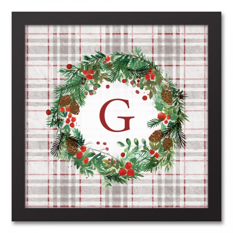Holiday Gray Plaid Monogram Wreath G 12x12 Black Framed Canvas
