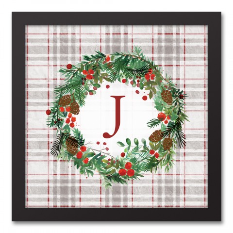 Holiday Gray Plaid Monogram Wreath J 12x12 Black Framed Canvas