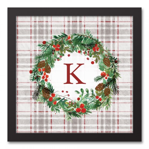 Holiday Gray Plaid Monogram Wreath K 12x12 Black Framed Canvas
