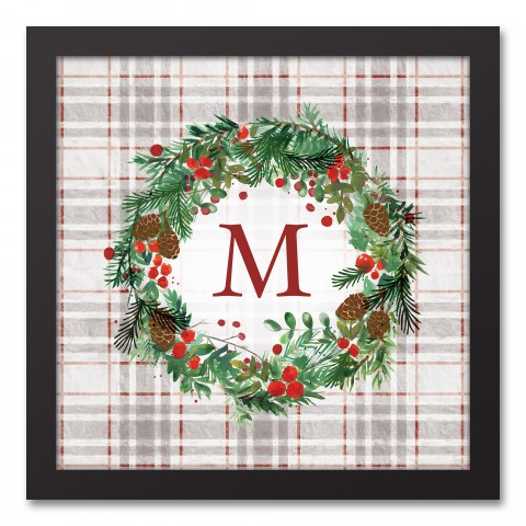 Holiday Gray Plaid Monogram Wreath M 12x12 Black Framed Canvas