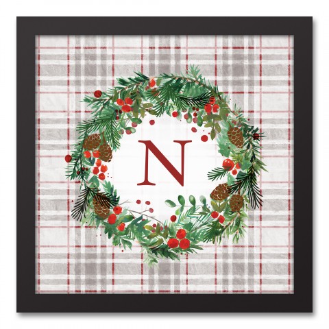 Holiday Gray Plaid Monogram Wreath N 12x12 Black Framed Canvas