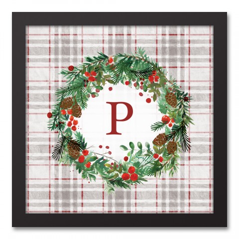 Holiday Gray Plaid Monogram Wreath P 12x12 Black Framed Canvas