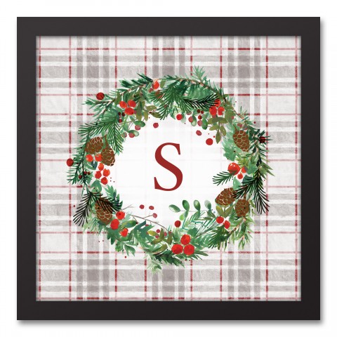 Holiday Gray Plaid Monogram Wreath S 12x12 Black Framed Canvas