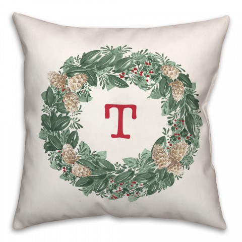 Christmas Wreath Monogram T 18x18 Spun Poly Pillow