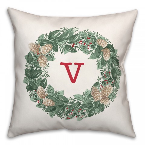 Christmas Wreath Monogram V 18x18 Spun Poly Pillow