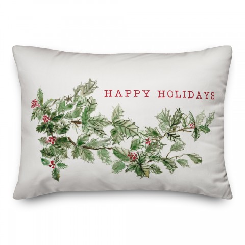 Happy Holidays Watercolor Holly 14x20 Spun Poly Pillow