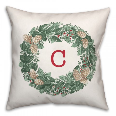 Christmas Wreath Monogram C 18x18 Spun Poly Pillow