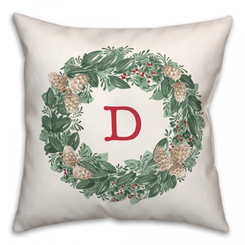 Christmas Wreath Monogram D 18x18 Spun Poly Pillow