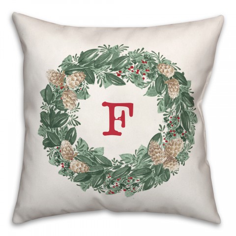Christmas Wreath Monogram F 18x18 Spun Poly Pillow