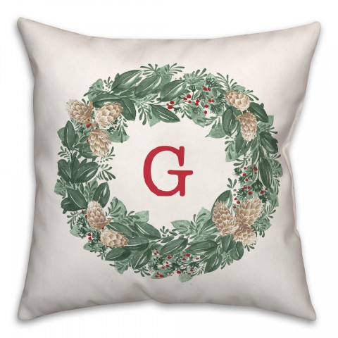 Christmas Wreath Monogram G 18x18 Spun Poly Pillow