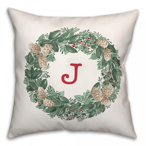 Christmas Wreath Monogram J 18x18 Spun Poly Pillow