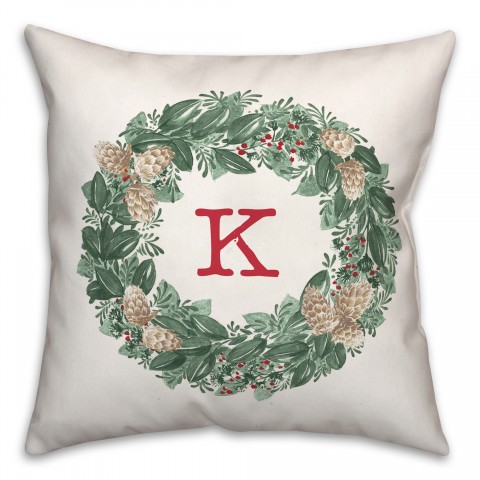Christmas Wreath Monogram K 18x18 Spun Poly Pillow