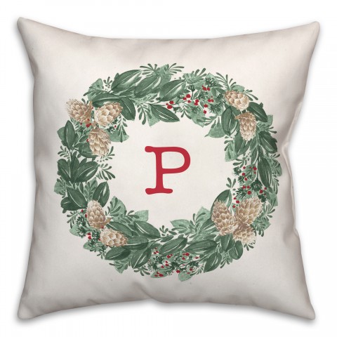 Christmas Wreath Monogram P 18x18 Spun Poly Pillow